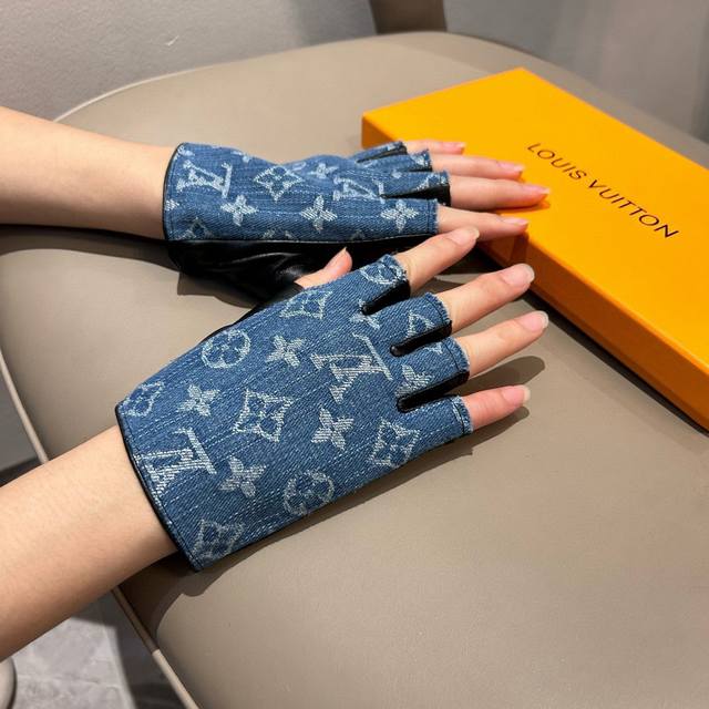 Lv new short denim with leather gloves, fashionable motorcycle gloves, autumn an