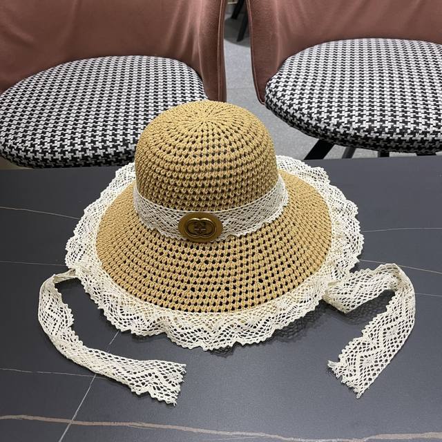 Gucci Gucci new 2025 new pastoral style lace tied hollow sun hat female summer b
