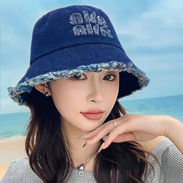 Miumiu Ningbo made fisherman hat 2025 high-end washed hat cowboy women's sun hat