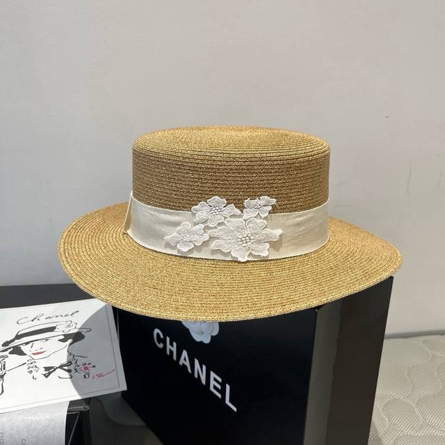 Gucci new flat top hat, high-grade PP straw fabric, head circumference 57cm