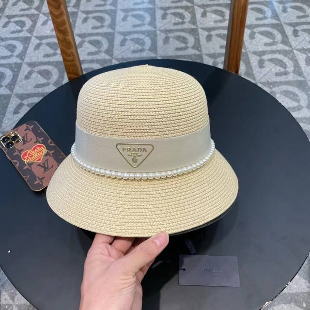 Prada Prada straw hat, bucket hat, dome hat official new style, classic triangle