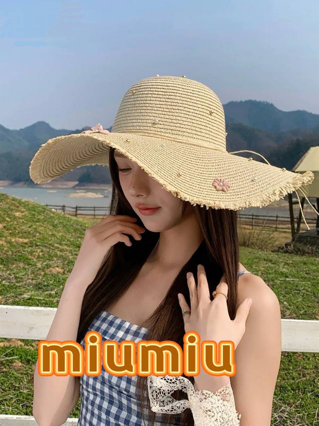 Miu Miu Miumiu flower pearl bow straw hat women's spring and summer large brim b
