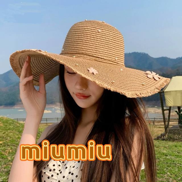 Miu Miu Miumiu flower pearl bow straw hat women's spring and summer large brim b