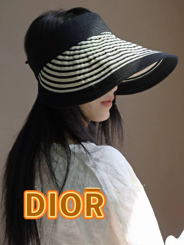 Dior long brim striped breathable straw top hat foldable hat