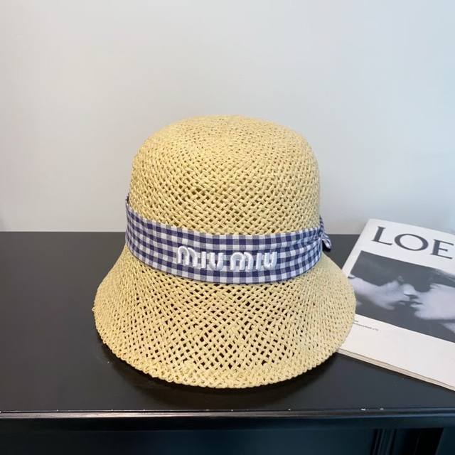 New Miu Miu embroidered logo woven straw hat with fresh embroidered letters, a m