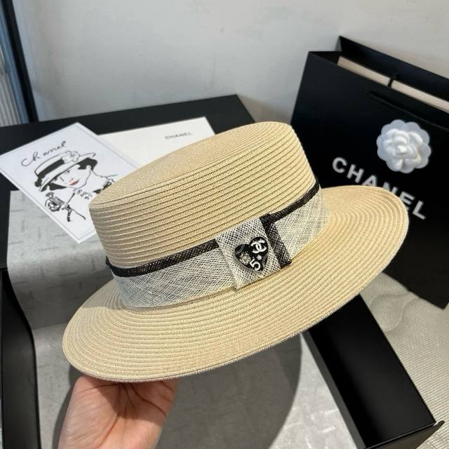 Chanel, flat top hat, linen straw hat, head circumference 57cm
