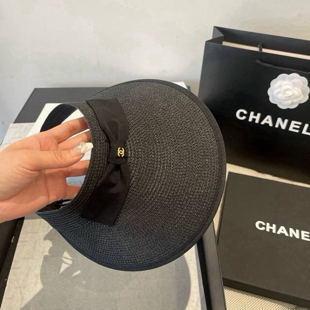 Chanel bow sun hat, hollow top straw hat, adjustable