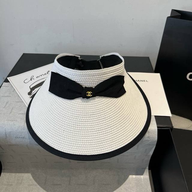 Chanel bow sun hat, hollow top straw hat, adjustable