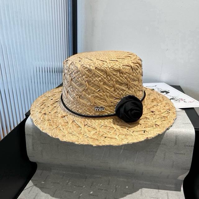Miumiu Miu Miu 25 summer flat-top straw hat, raffia straw hat, head circumferenc