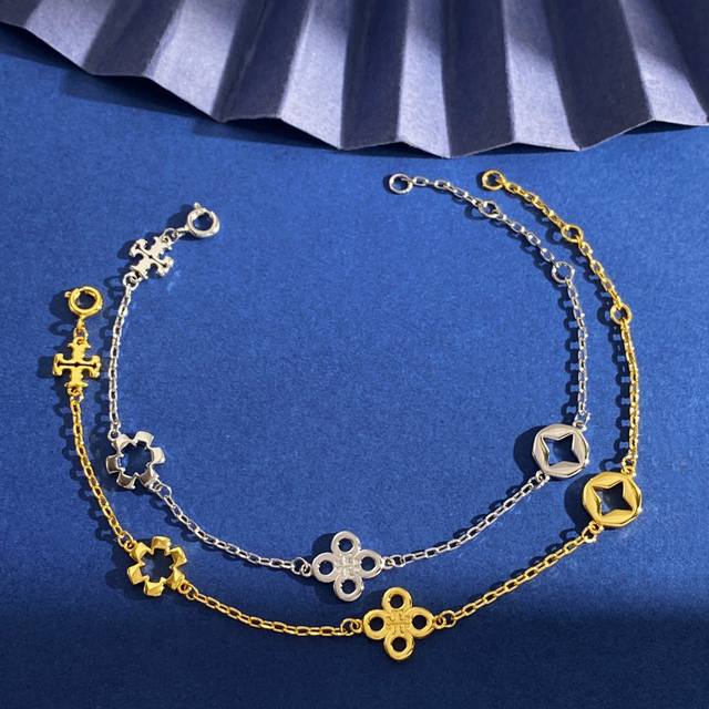 Tory Burch polished round hollow diamond flower four-leaf clover bracelet made o