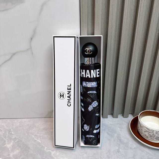 Chanel 2025 Summer New Fully Automatic Folding Umbrella. Black coating effective