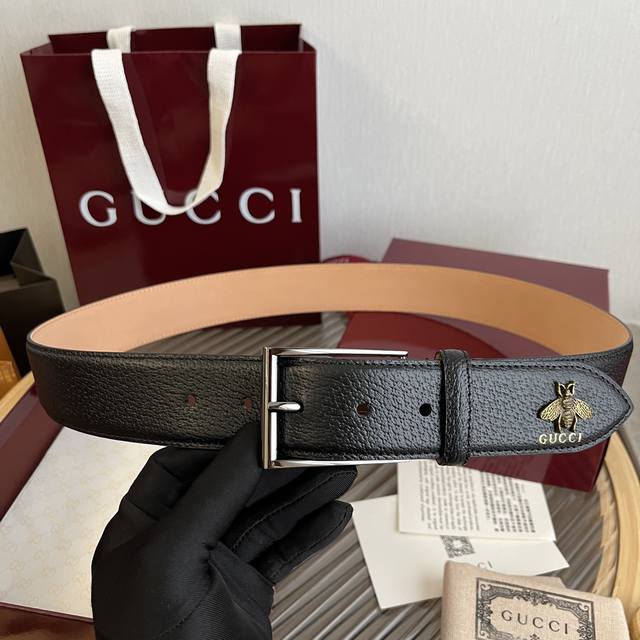 GUCCI men's new belt, 40mm wide, made from imported top-grain pig-grain leather.