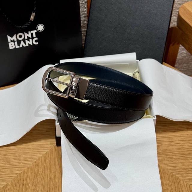 Montblanc men's belt in classic black, made of top-grain cowhide, feels very del