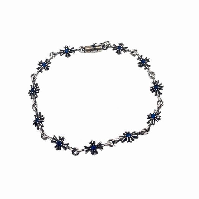 Chrome Hearts Blue Diamond Cross Bracelet Made of Sterling Silver, Retro and Dis