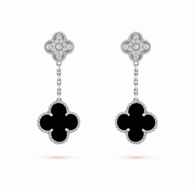 V-gold plated Vca high-grade black agate diamond two-flower four-leaf clover ear