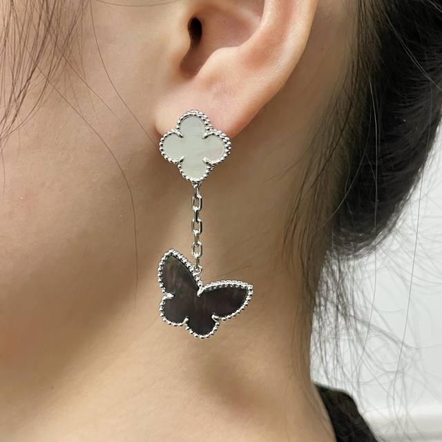 V gold plated white gray Vca high-end four-leaf clover butterfly two-flower earr