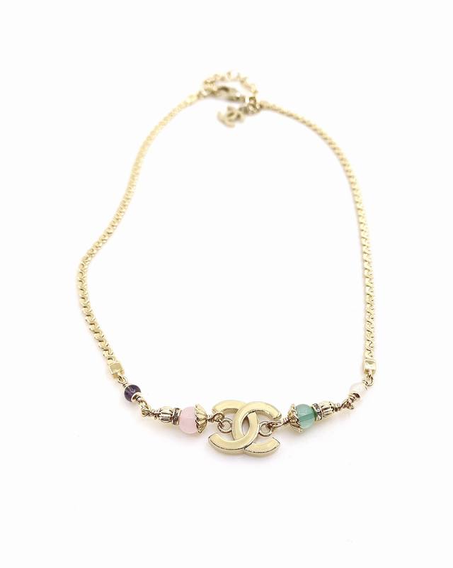 Chanel latest green pink bead Cc necklace consistent with Z batch brass material