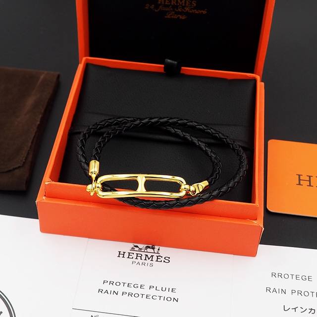 Hermes Men's Double H Leather Bracelet Black