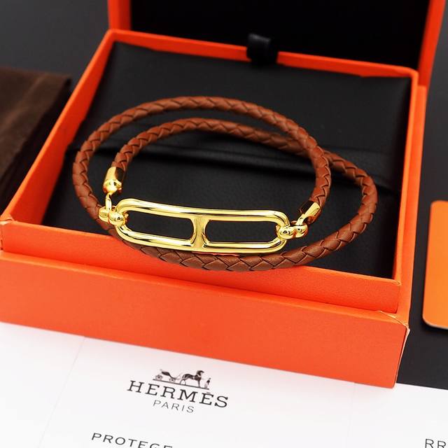 Hermes Men's Double H Leather Bracelet Dark Brown