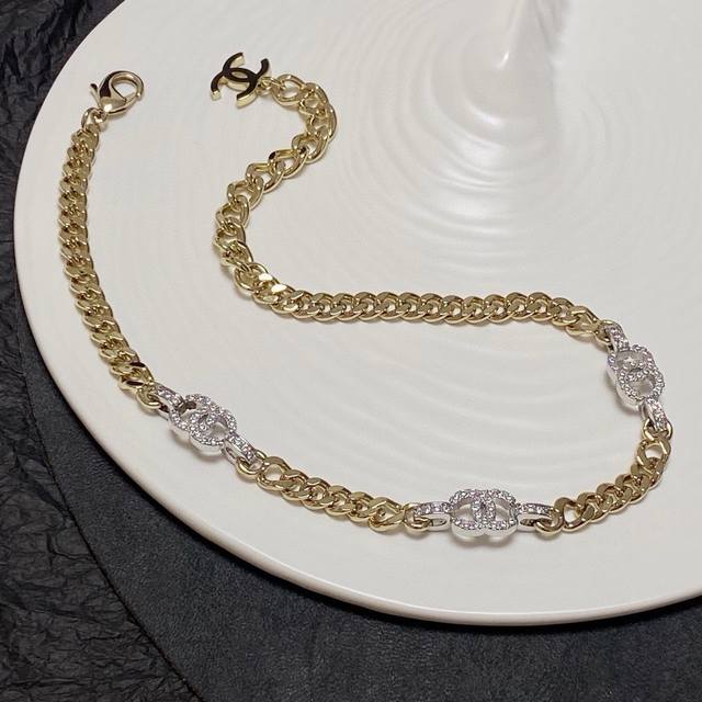 New Chanel Light Gold and Silver Two-Tone Rhinestone Chocker Necklace, a must-ha