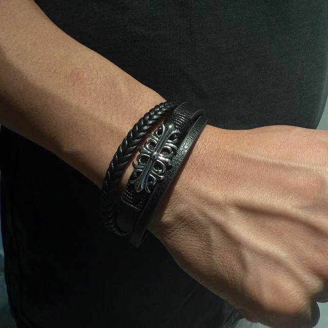 counter-quality Chrome Hearts leather cord bracelet, featuring concave and conve