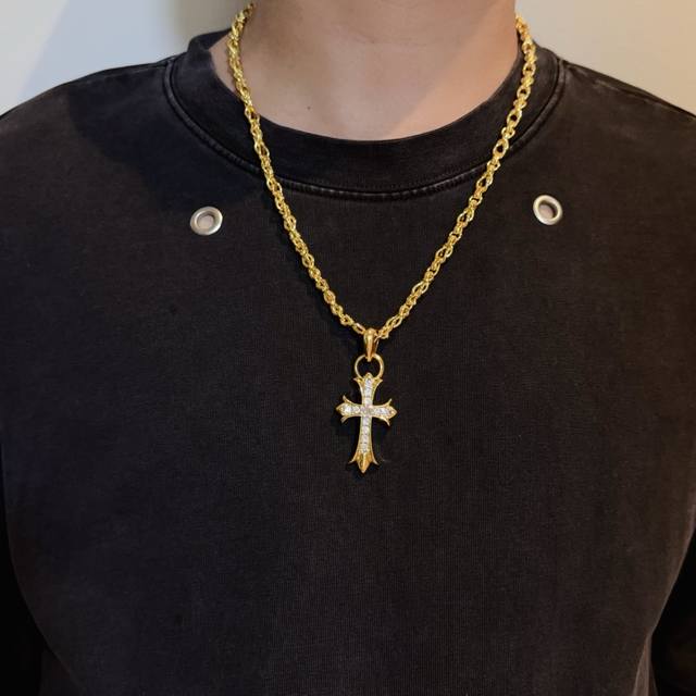 New, counter-quality Chrome Hearts gold-toned, multi-element, full-diamond cross