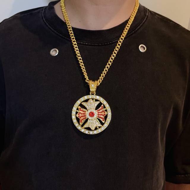 New, counter-quality Chrome Hearts gold-toned, multi-element, dynamic cross neck