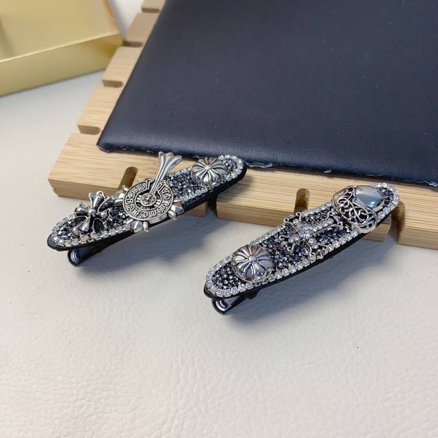 Chrome Hearts hair clip with full diamond logo, press clip, side clip, daily exq