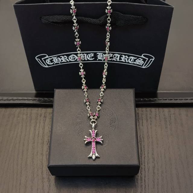 New counter-quality Chrome Hearts classic retro pink diamond cross chain with co