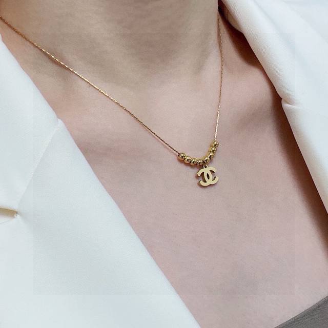 New Chanel Double C Gold Bead Pendant Necklace 14K Stainless Steel Color Preserv