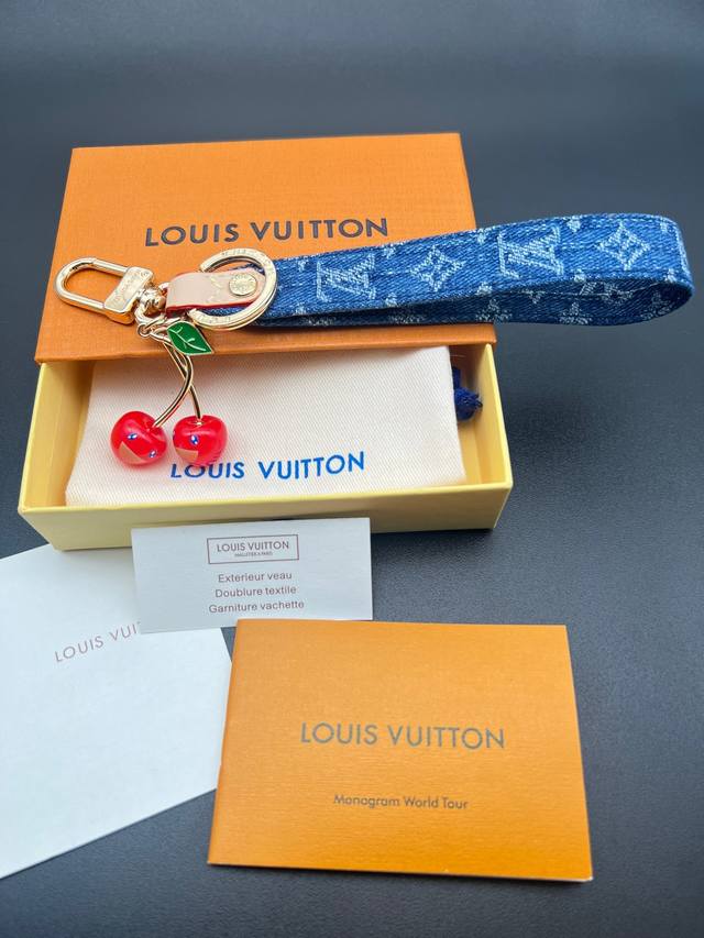 New LV Murakami cherry denim keychain, blue denim strap with gold cherry charm,
