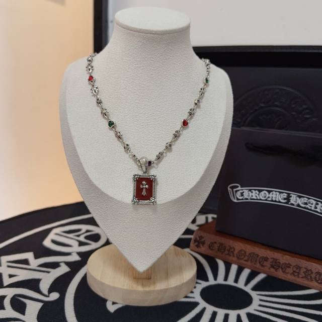 New counter quality Chrome Hearts cross square necklace inlaid with colored diam