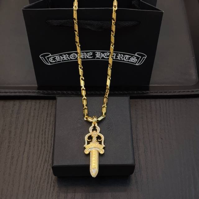 New counter-quality Chrome Hearts gold cross necklace with diamond-studded sword