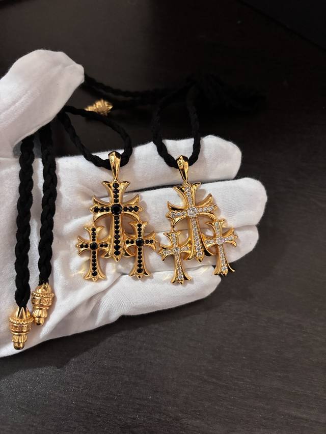 Croce three cross diamond leather cord necklace