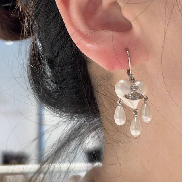 24 Spring and Summer Empress Dowager Cixi Saturn Heart Drop Pearl Earrings Plati