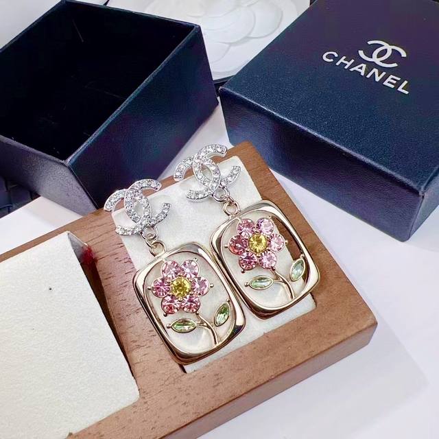 Chanel Hollow Crystal Colored Diamond Camellia Monogram Earrings Gold Colored Fl