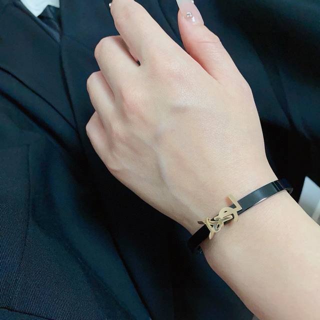 New Yves Saint Laurent engraved lettering narrow rose gold and charcoal black br