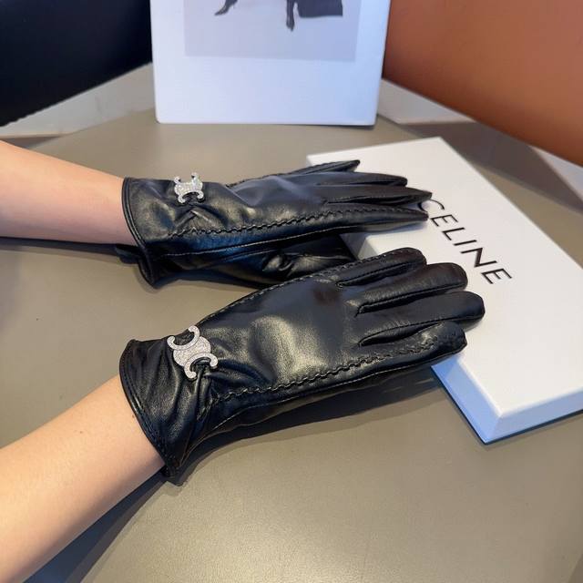 Celine women's sheepskin gloves, fashionable gloves, warm and velvet lining for