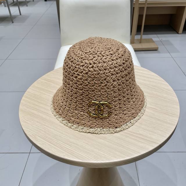 Chanel Chanel large head straw hollow bucket hat women's summer sun protection s