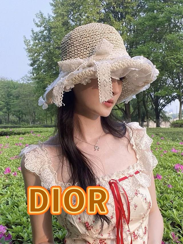 Dior Dior straw hat 2025 new mesh three-dimensional small flower bow straw hat w