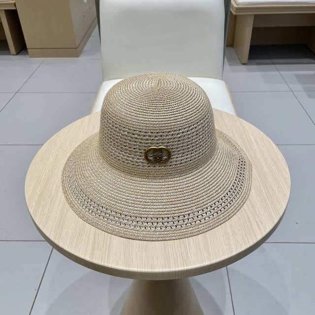 Gucci simple hollow bucket hat women's summer sun protection straw hat contrast