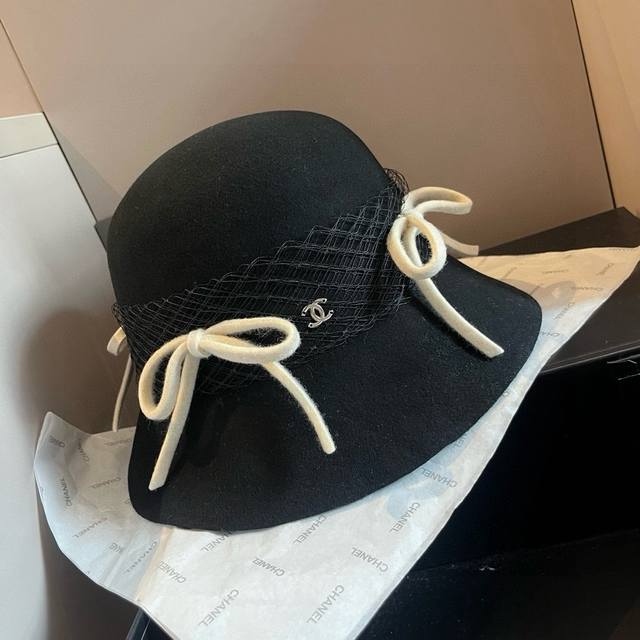 Chanel wool bucket hat, ladylike bow hat, 100% wool fabric, head circumference 5