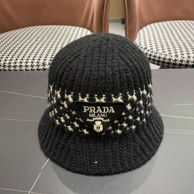 Prada Japanese solid color knitted hollow fisherman hat female autumn and winter