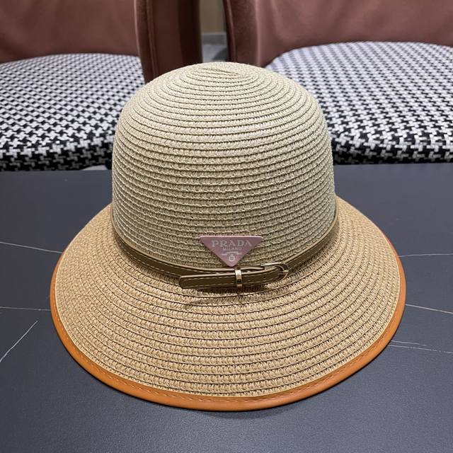 Prada 2025 new inverted triangle decorative straw bucket hat summer travel breat