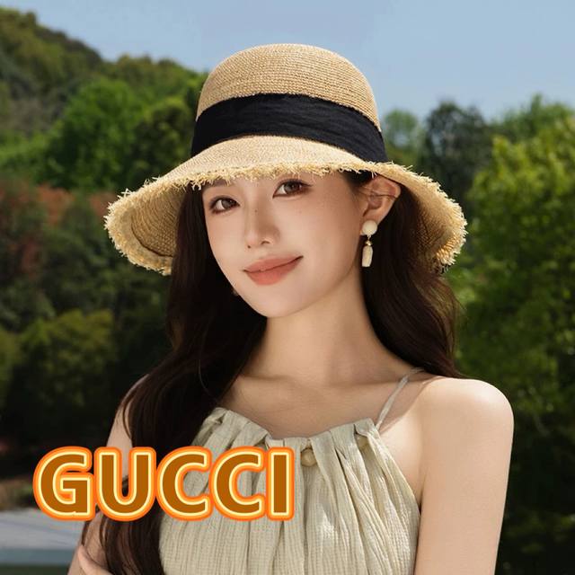 Gucci Raffia straw hat for women 2025 new beach pastoral style sunshade straw fi