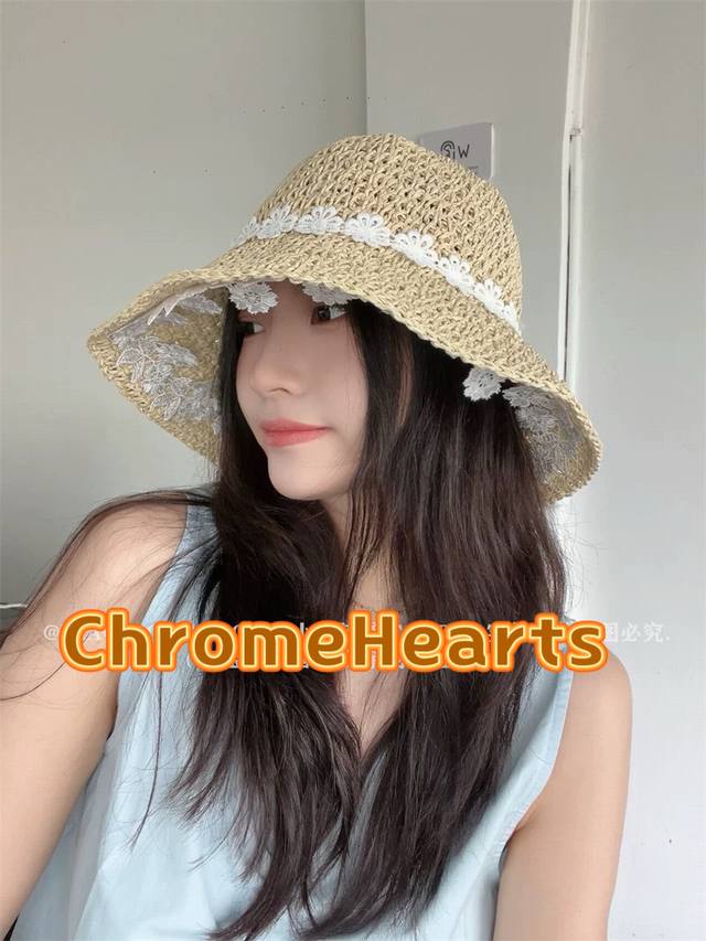 Chrome Heart Temperament Sweet Lace Flower Straw Hat Women's Leisure Beach Larg