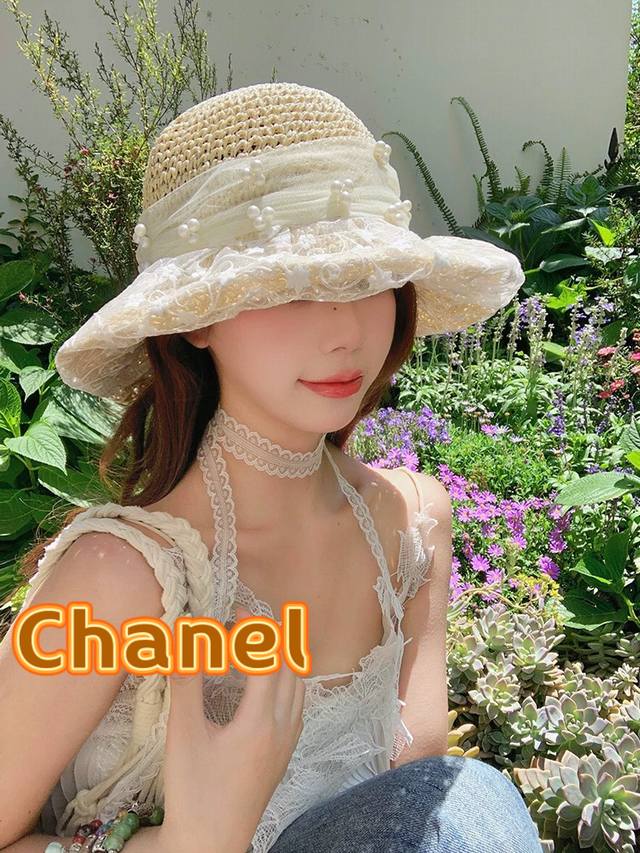 Chanel Chanel Pearl Lace Flower Fisherman Hat Women Spring and Summer Bow Beach