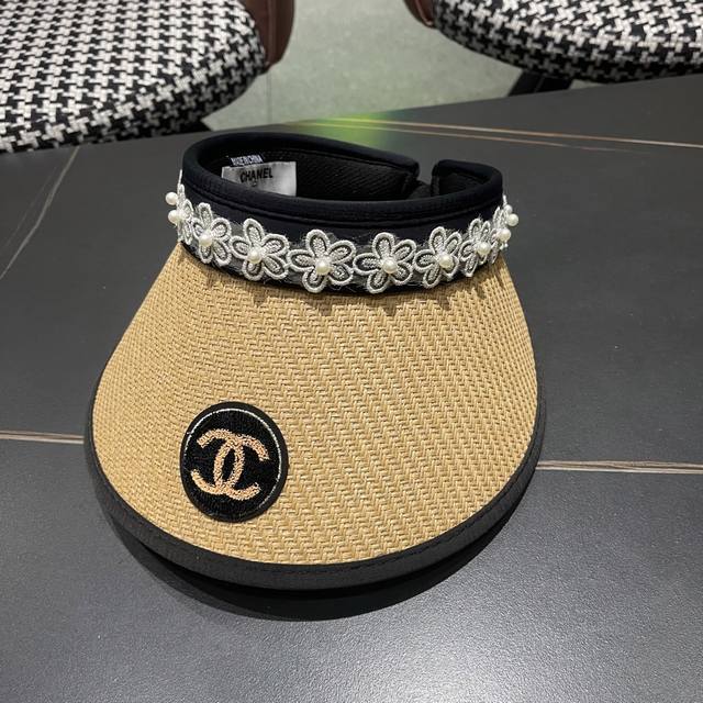 Chanel summer black glue anti-ultraviolet sun hat Korean version pearl lace sun