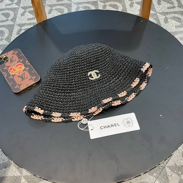 Chanel small fresh woven straw hat women's summer fur-edged versatile sun hat fo