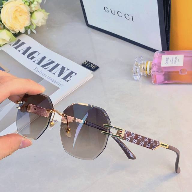 Gucc* big brand glasses retro large frame frameless sunglasses couple style tren